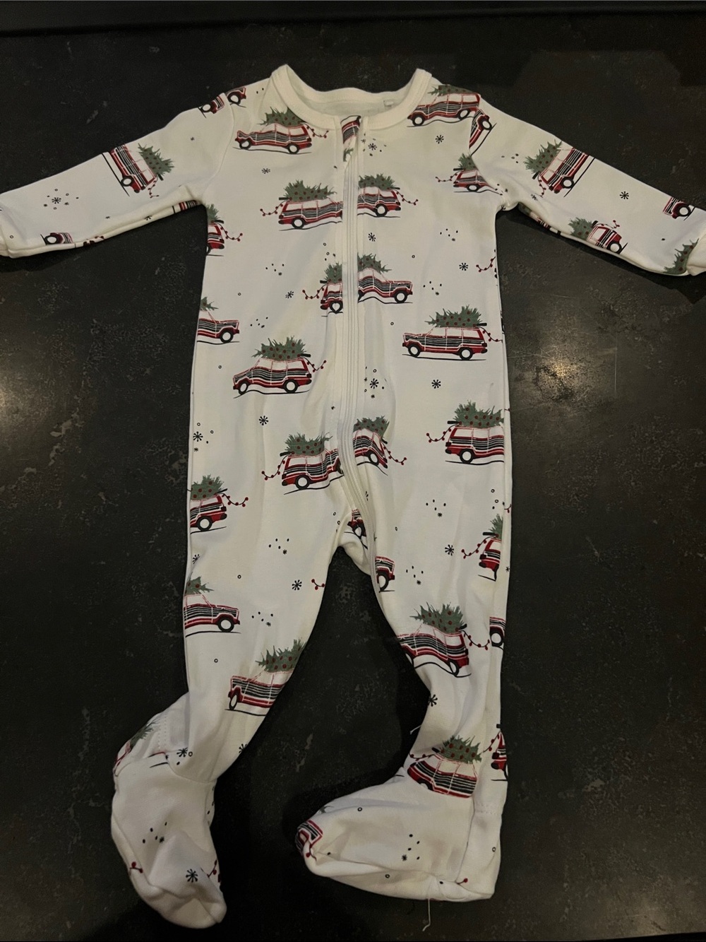 Petit Lem holiday White Footed One-Piece with Red Truck and Green Tree Print